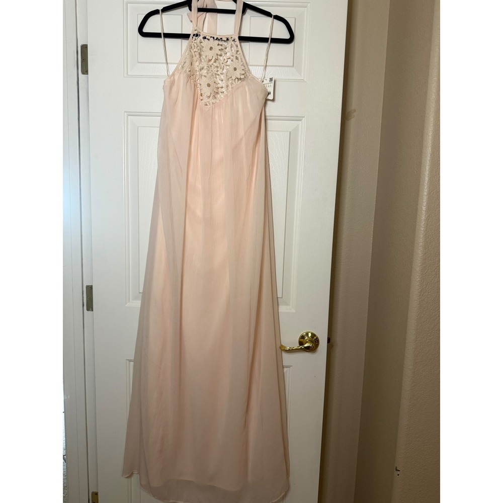 Zara Trafaluc Pink Halter Maxi Dress Floral Crochet Lace Chiffon XS NEW